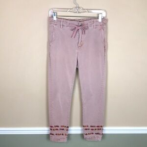 Driftwood Women’s Boho Pink Embroidered Ankle Drawstring Rolled Hem Pants